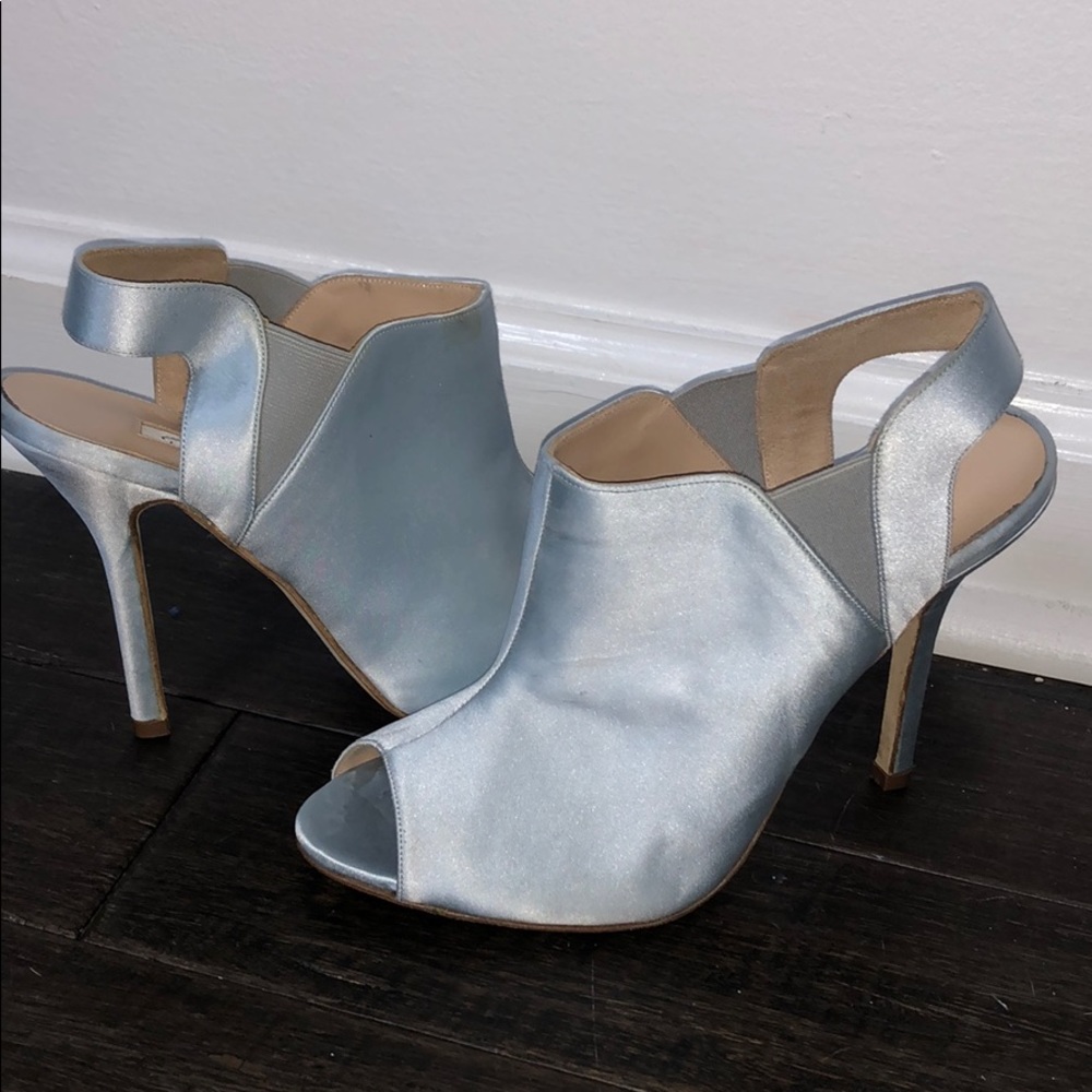 Baby blue satin peep toe bootie